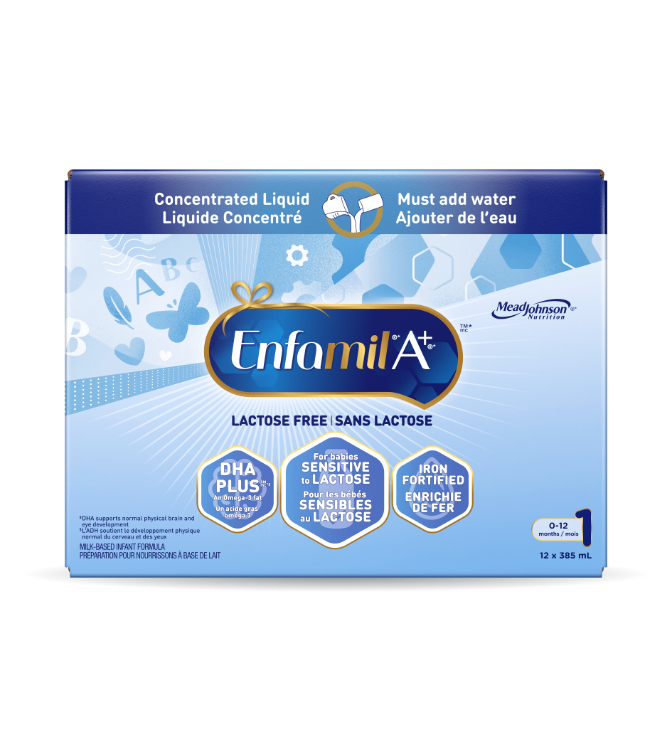 Préparation pour nourrissons Enfamil A+® Sans lactose, liquide concentré, boîte 385mL, emballage de 12