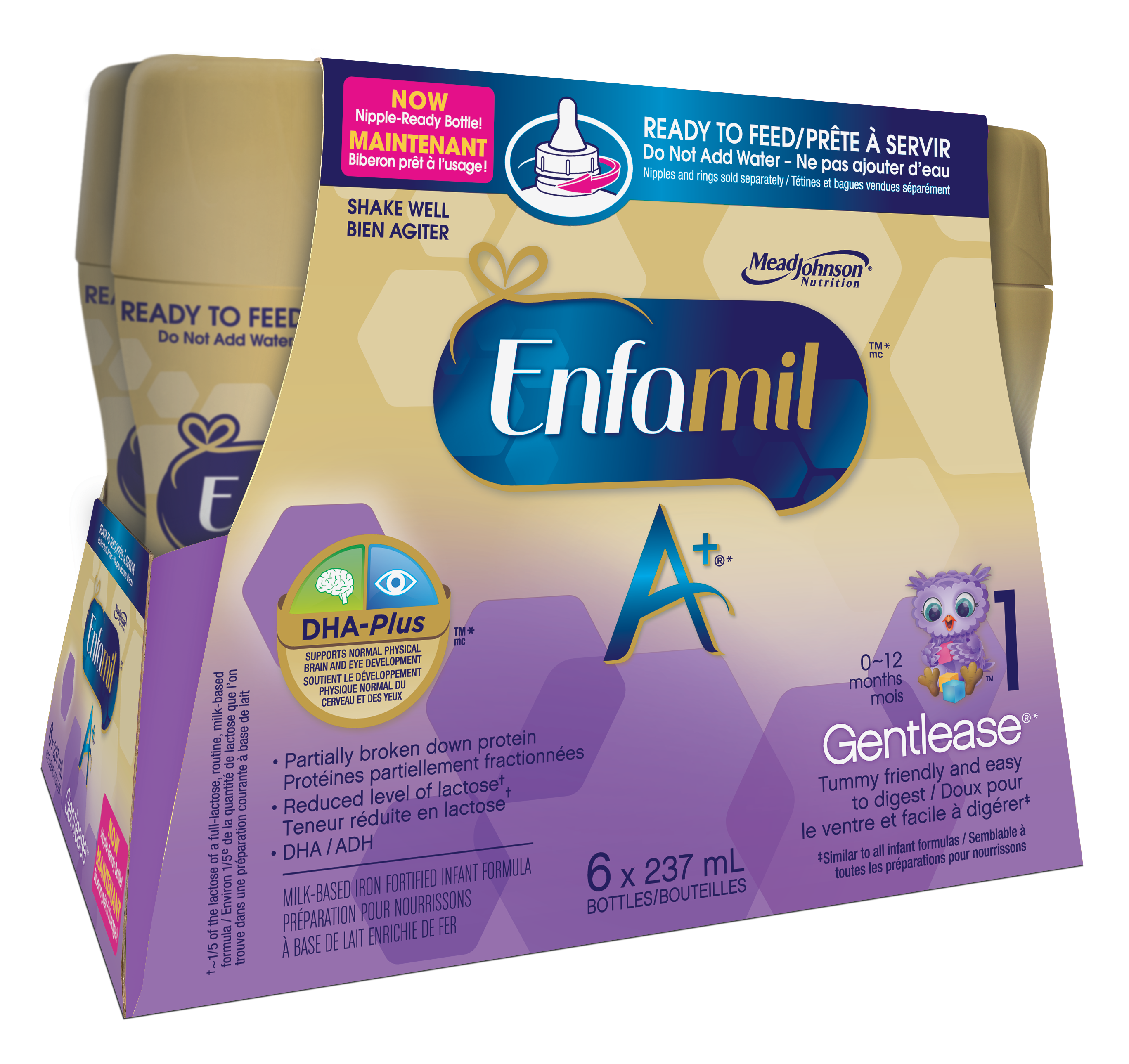 Enfamil A+ Gentlease Infant Formula, Nipple-Ready to Feed Bottles, 237mL