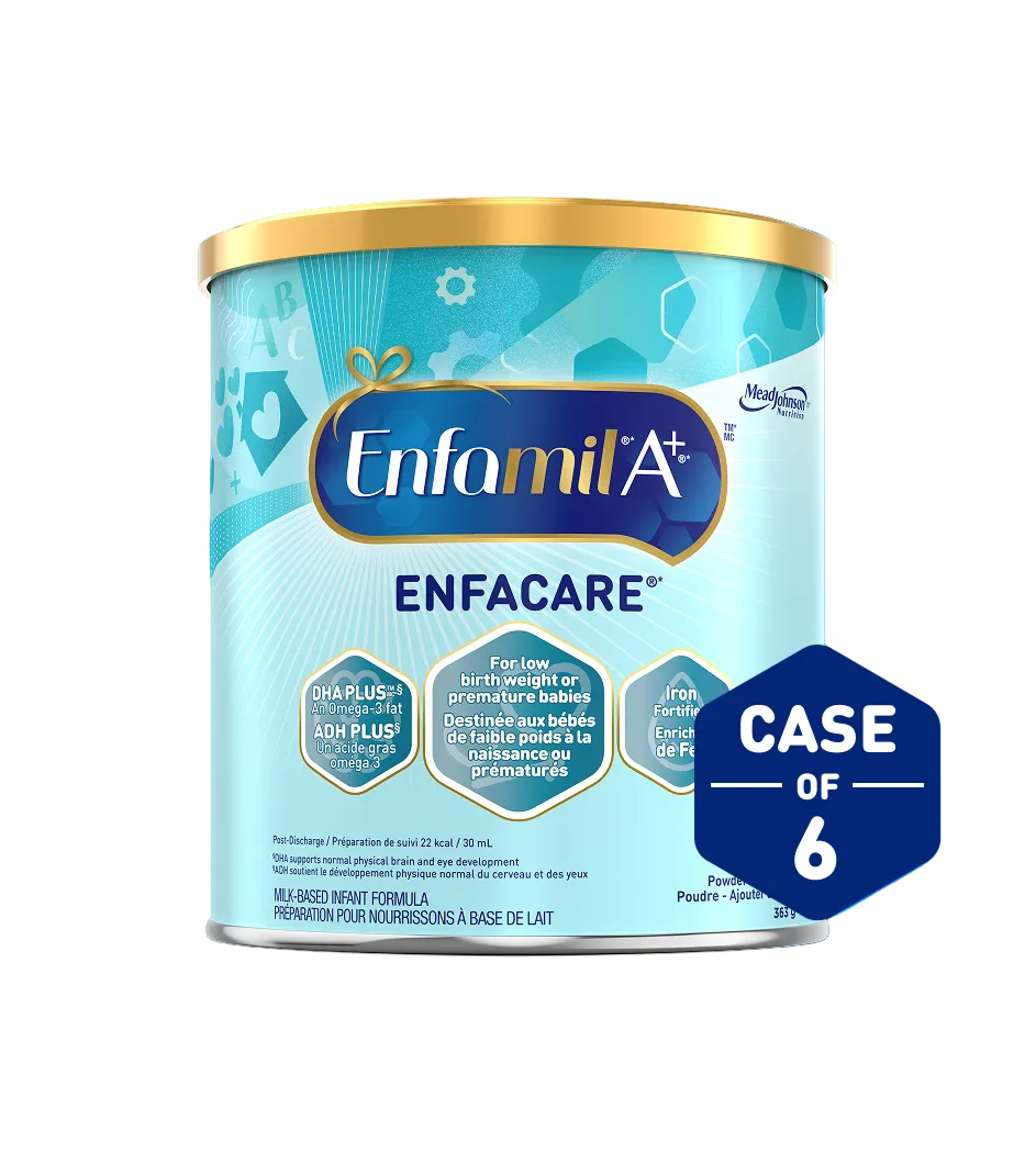 Enfamil Enfacare baby formula canister on a light blue background
