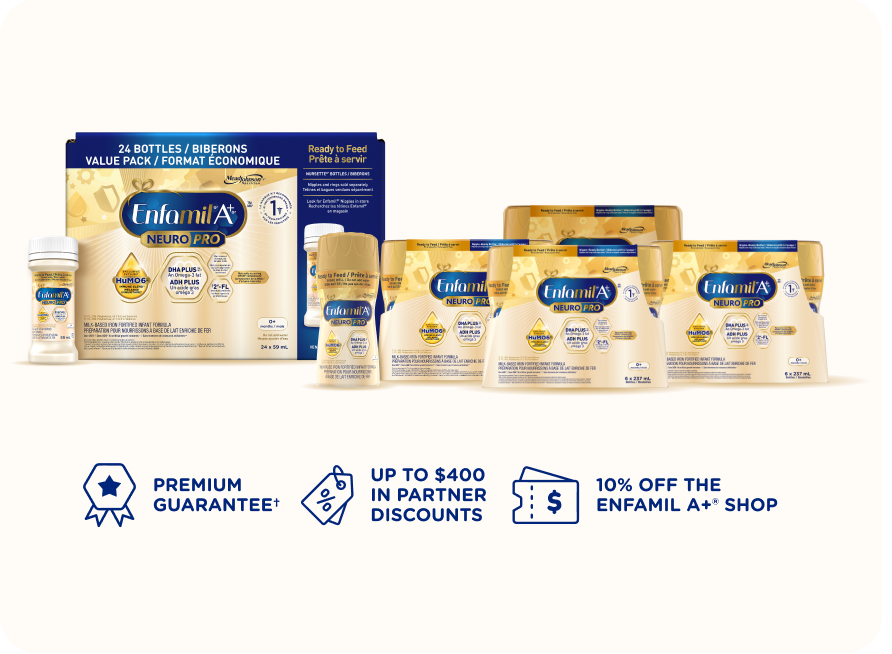 Enfamil A+ Premium Ready to Feed milk powder value pack display with multiple bottles and boxes in blue, gold, and cream packaging on a light beige background, with promotional text below.