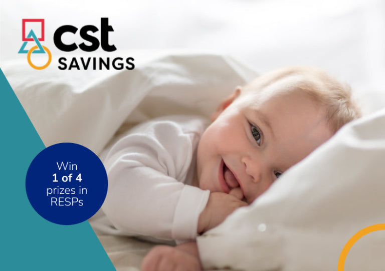 Baby lying on a white pillow with CST Savings logo and promotional text overlay.