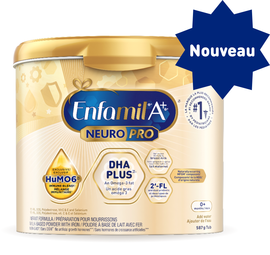 Voici Enfamil A+<sup>®</sup> NeuroPro<sup>MC</sup>. Notre préparation se rapprochant le plus du lait maternel à ce jour.
