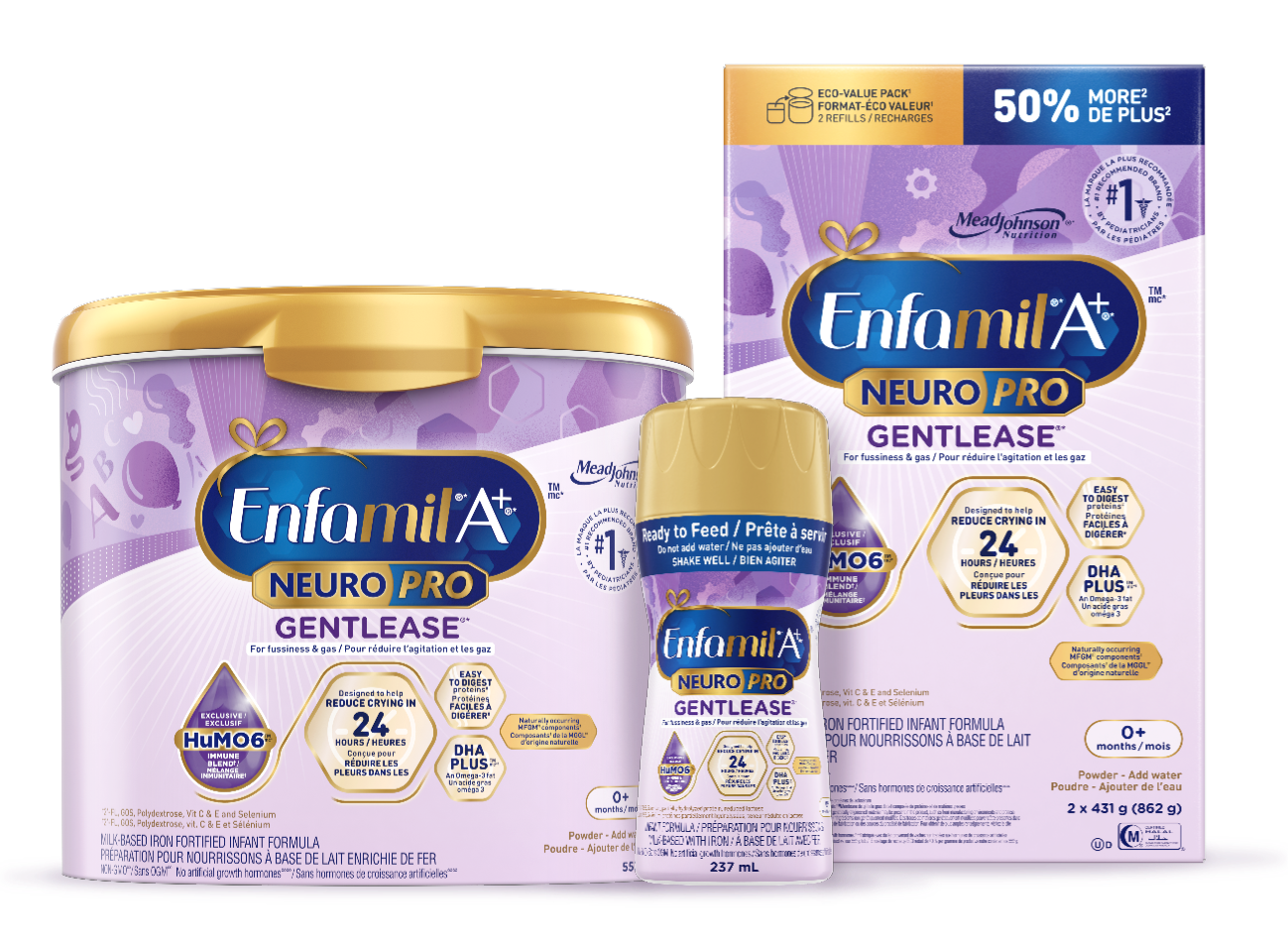 Enfamil A+<sup>®</sup> NeuroPro<sup>MC</sup> Gentlease<sup>®</sup> est conçue pour atténuer l’irritabilité, les pleurs et les gaz en 24 heures*.