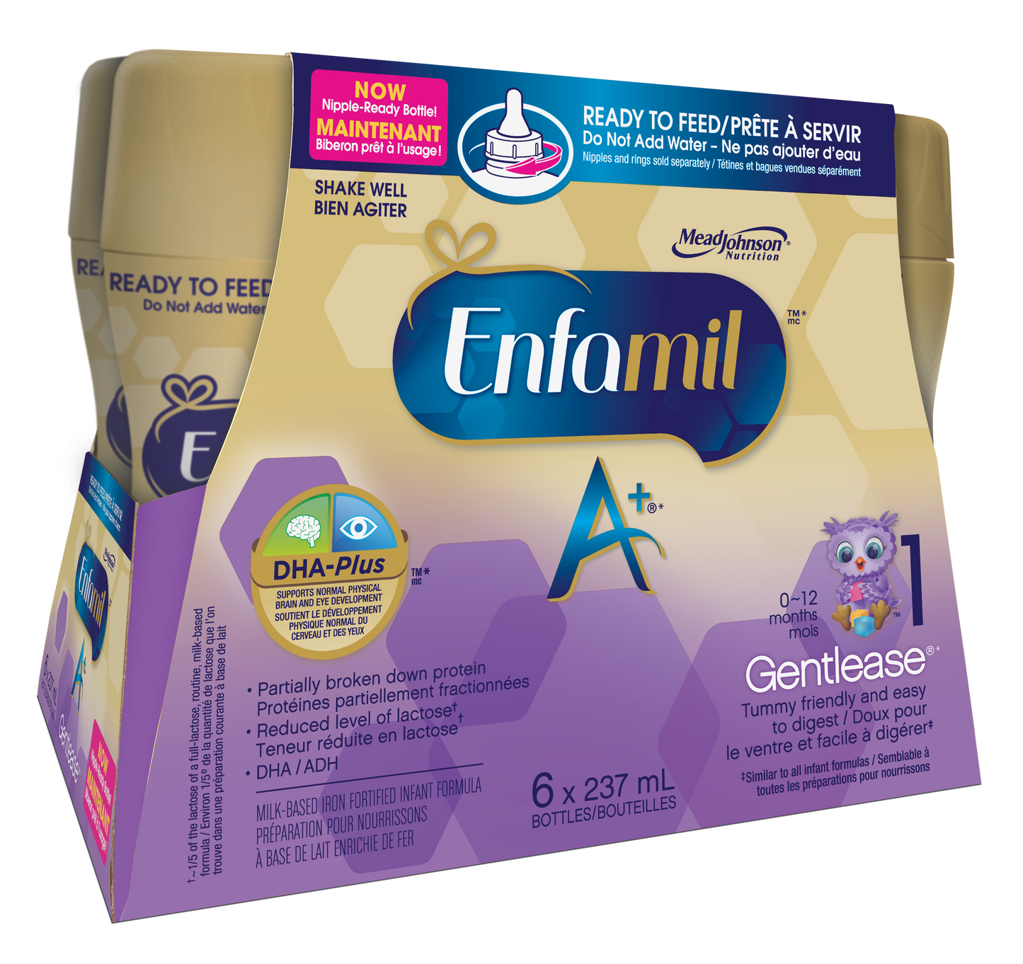 Enfamil A+ Gentlease Infant Formula, Nipple-Ready to Feed Bottles, 237mL