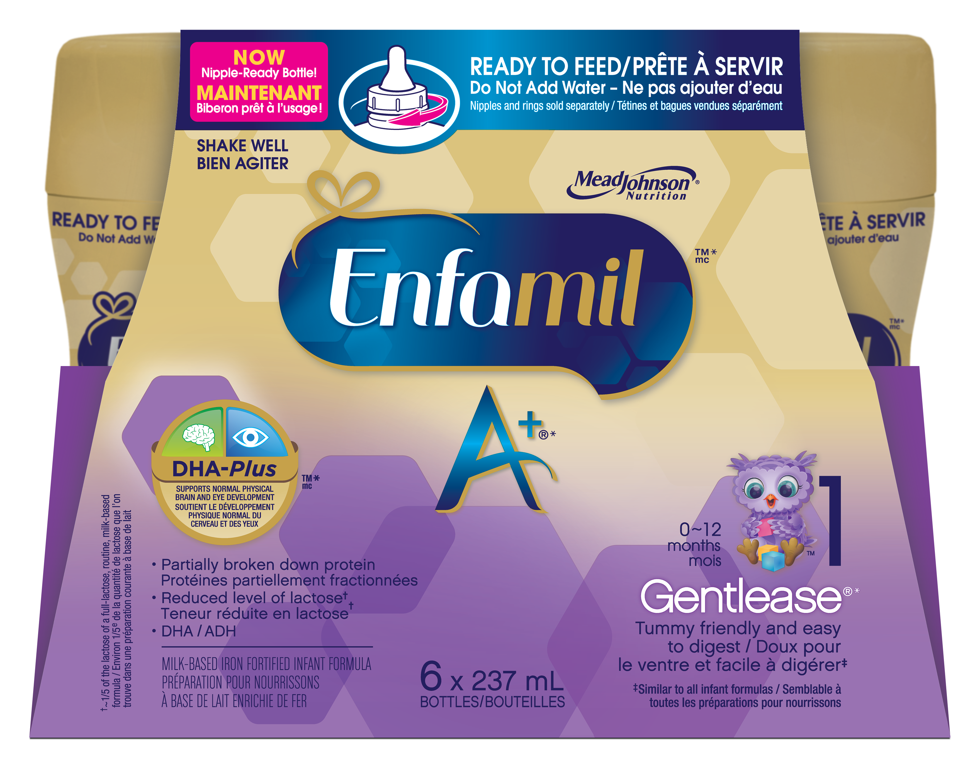 Enfamil A+ Gentlease Infant Formula, Nipple-Ready to Feed Bottles, 237mL