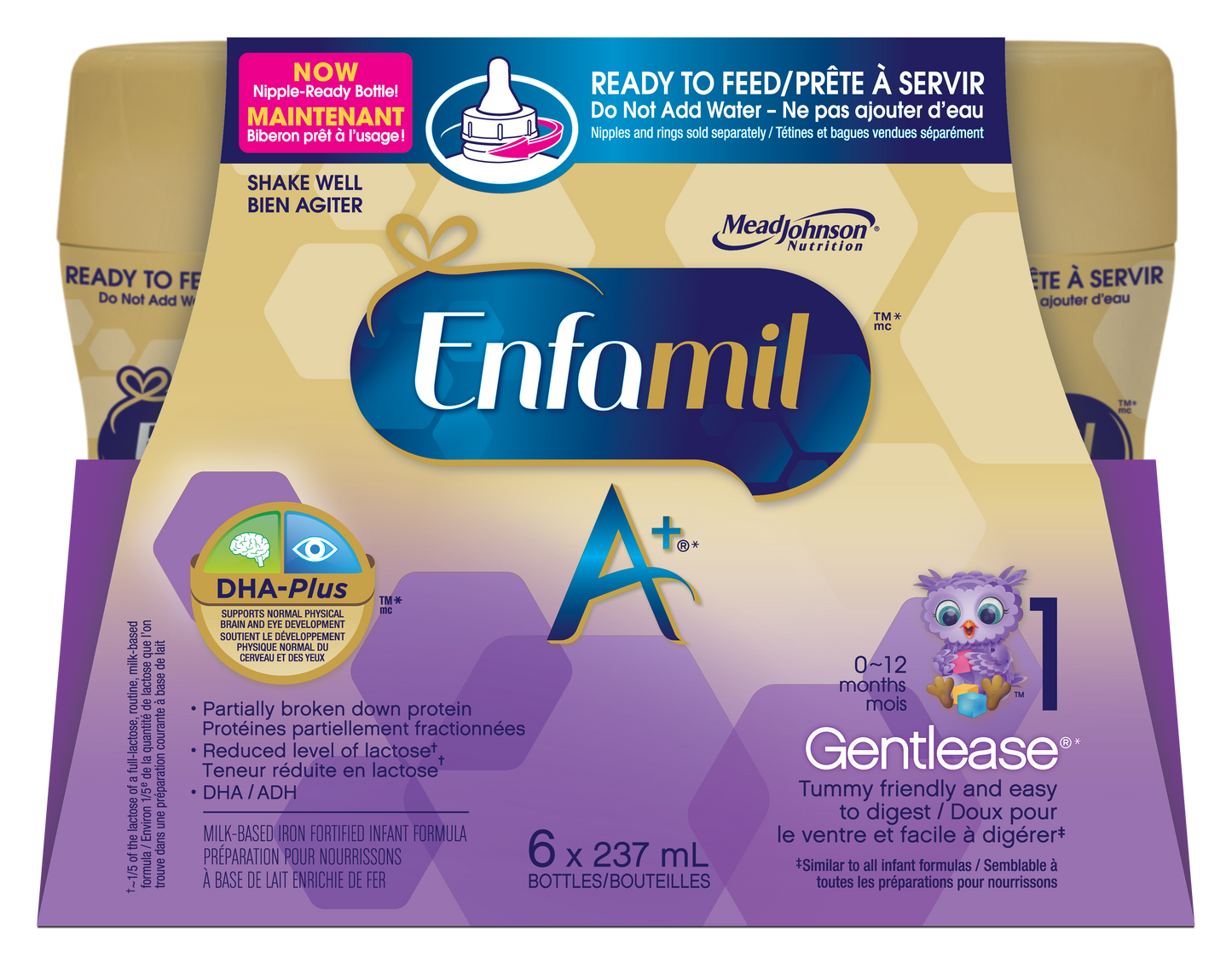 Enfamil A+ Gentlease Infant Formula, Nipple-Ready to Feed Bottles, 237mL