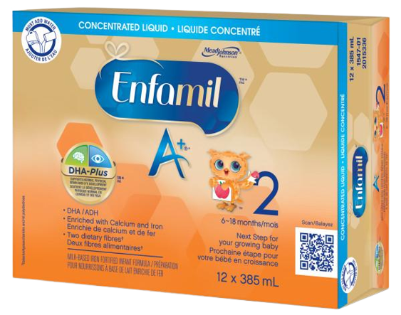 Préparation pour nourrissons Enfamil A+® 2 liquide concentré, boîte 385mL, emballage de 12